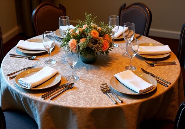 A beautifully set dining table featuring a luxurious patterned table cover from Southern Weave Textiles.