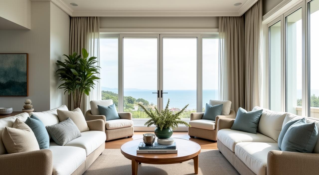 The serene lounge area of Coastal Grove Retreat, with Southern Weave cushions on the sofas.