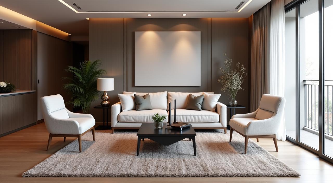 A luxurious modern apartment living room designed by Vance & Co featuring a prominent Southern Weave rug.